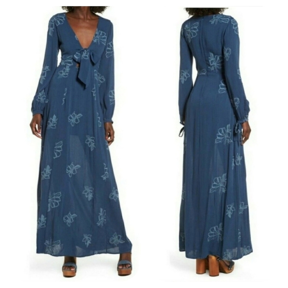 Lost + Wander Floral Embroidered Long Sleeve Maxi Dress Blue Medium